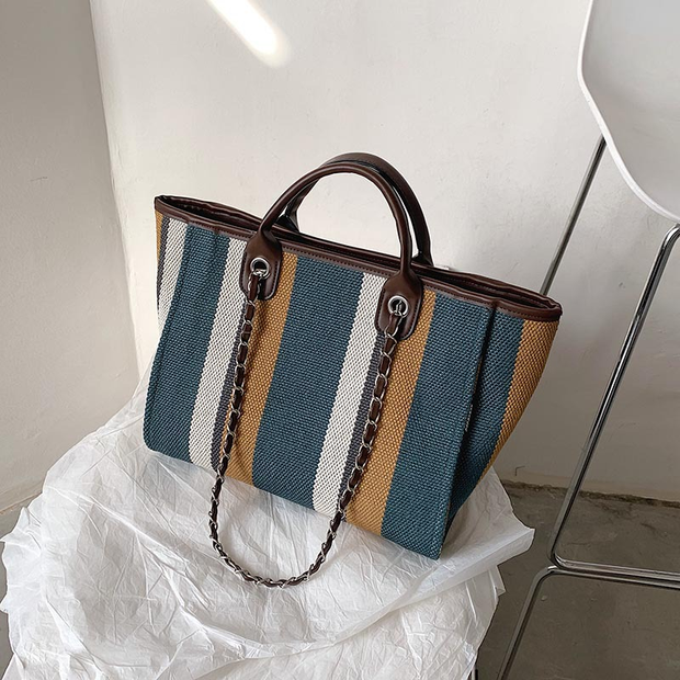 Large capacity Canvas Handbag stripe color contrast fashion shopping bag chain luxury Tote Bag Messenger Bag.
