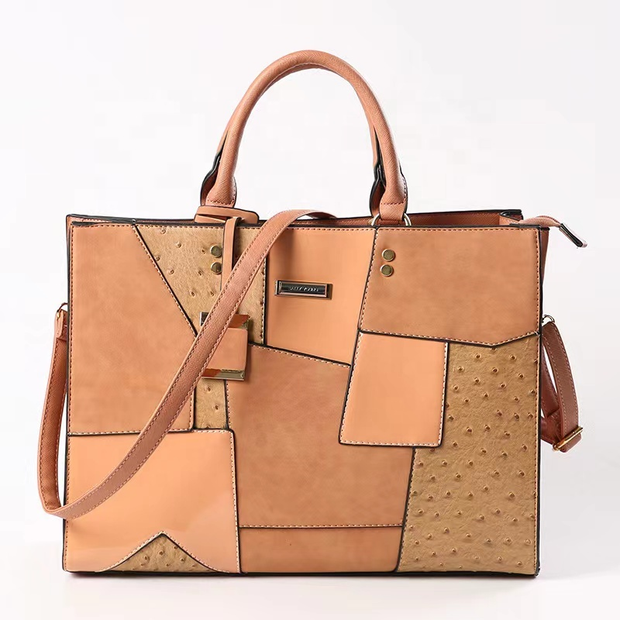 New high quality luxury pu leather stitching ladies handbags fashion color contrast large capacity temperament tote bag.