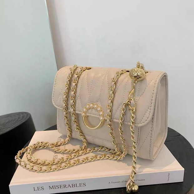 Chain beaded shoulder bag high quality pu leather fashion lady messeng –  CERIK MALL